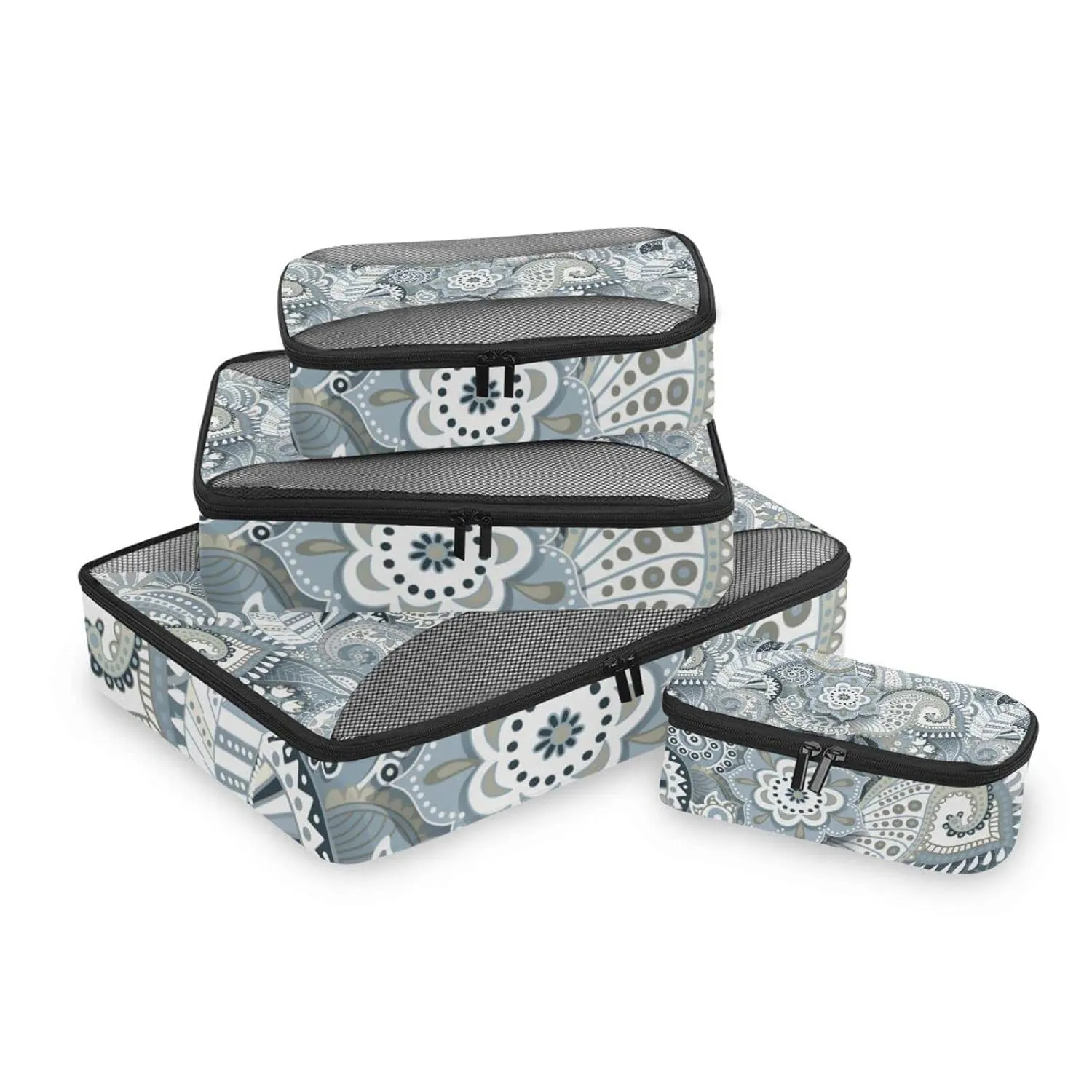 Retro Traditional Ancient Asian Elements Paisley Floral Flowers 4 Set Packing Cubes, Travel Packing Organizers, 600D Oxford Cloth Toiletry Storage Bag, Luggage Mesh Bags for Accessories