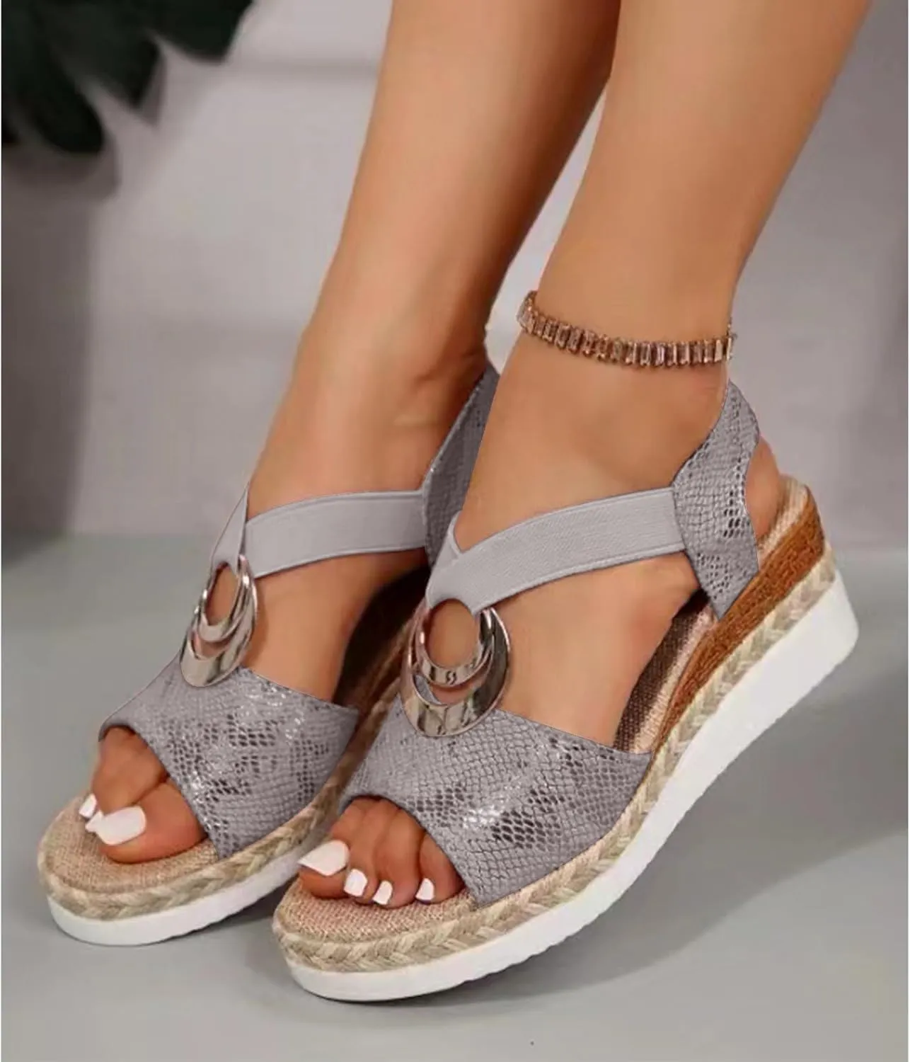 Sandals for Women 2025 Dressy Wedge Open Toe Ankle Strap Sandals Platform Low Wedge Sandal Comfortable Breathable Shoes Classic Lightweight for Summer Faux Leather Casual Shoes