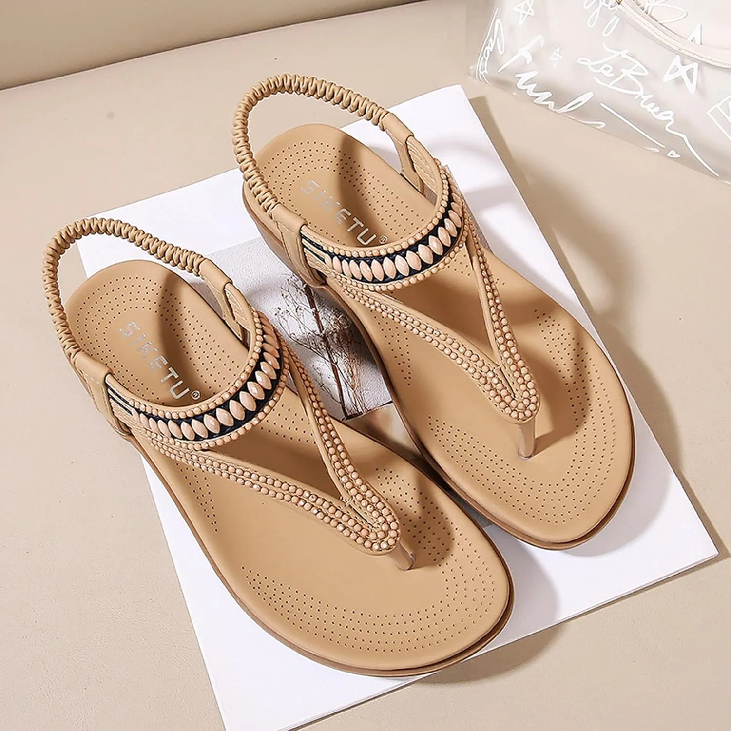 Sandals for Women Dressy Womens Slingback Boho Sandals Comfort Summer Shoes Ankle Strap Elastic Beach Walking Flats