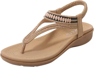 Sandals for Women Dressy Womens Slingback Boho Sandals Comfort Summer Shoes Ankle Strap Elastic Beach Walking Flats