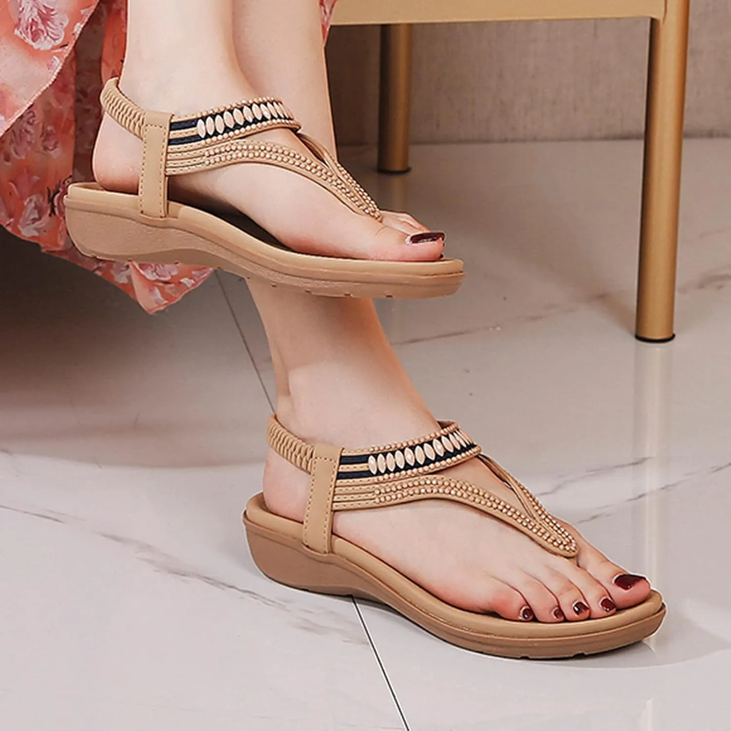 Sandals for Women Dressy Womens Slingback Boho Sandals Comfort Summer Shoes Ankle Strap Elastic Beach Walking Flats