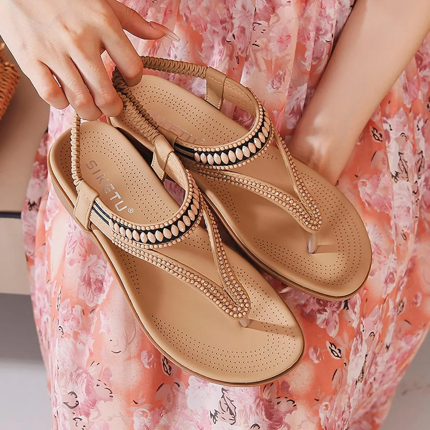 Sandals for Women Dressy Womens Slingback Boho Sandals Comfort Summer Shoes Ankle Strap Elastic Beach Walking Flats
