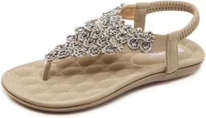 Sandals for Women Summer Beach Flip Flops Rhinestone Bohemia Flat Shoes Dressy Summer Flower Sandals with Ankle Strap