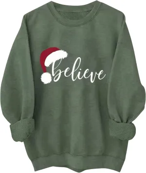 SHENHE Women's Graphic Christmas Hat Sweatshirt Crewneck Believe Sweatshirt Holiday Top
