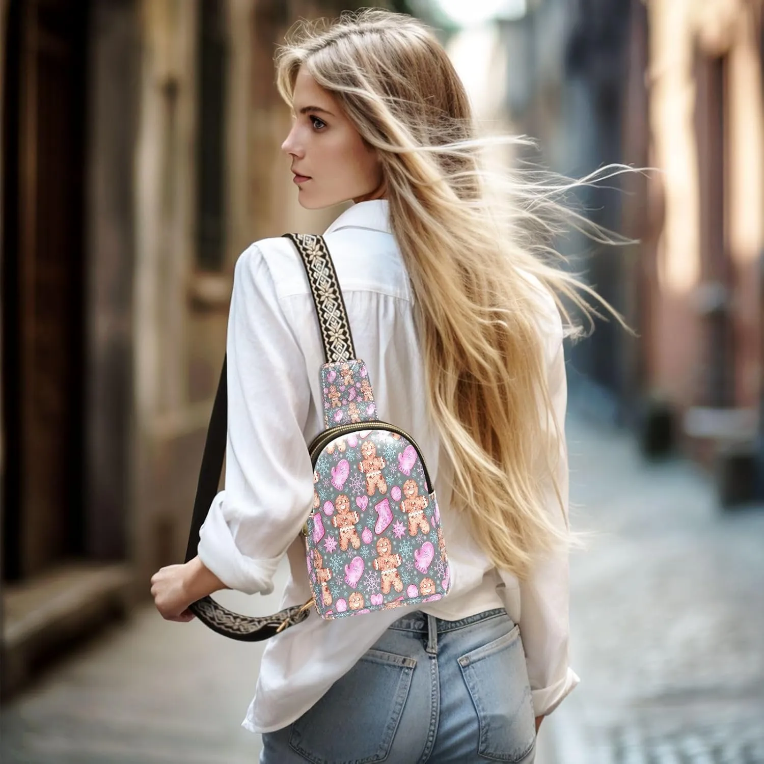 Small Sling Bag for Women Crossbody Watercolor Christmas Gingerbread Trendy Crossbody Bag Fashion Waist Packs Snowflakes Pink Glove Leather Chest Bag Fanny Pack with Guitar Strap Travel Outdoor