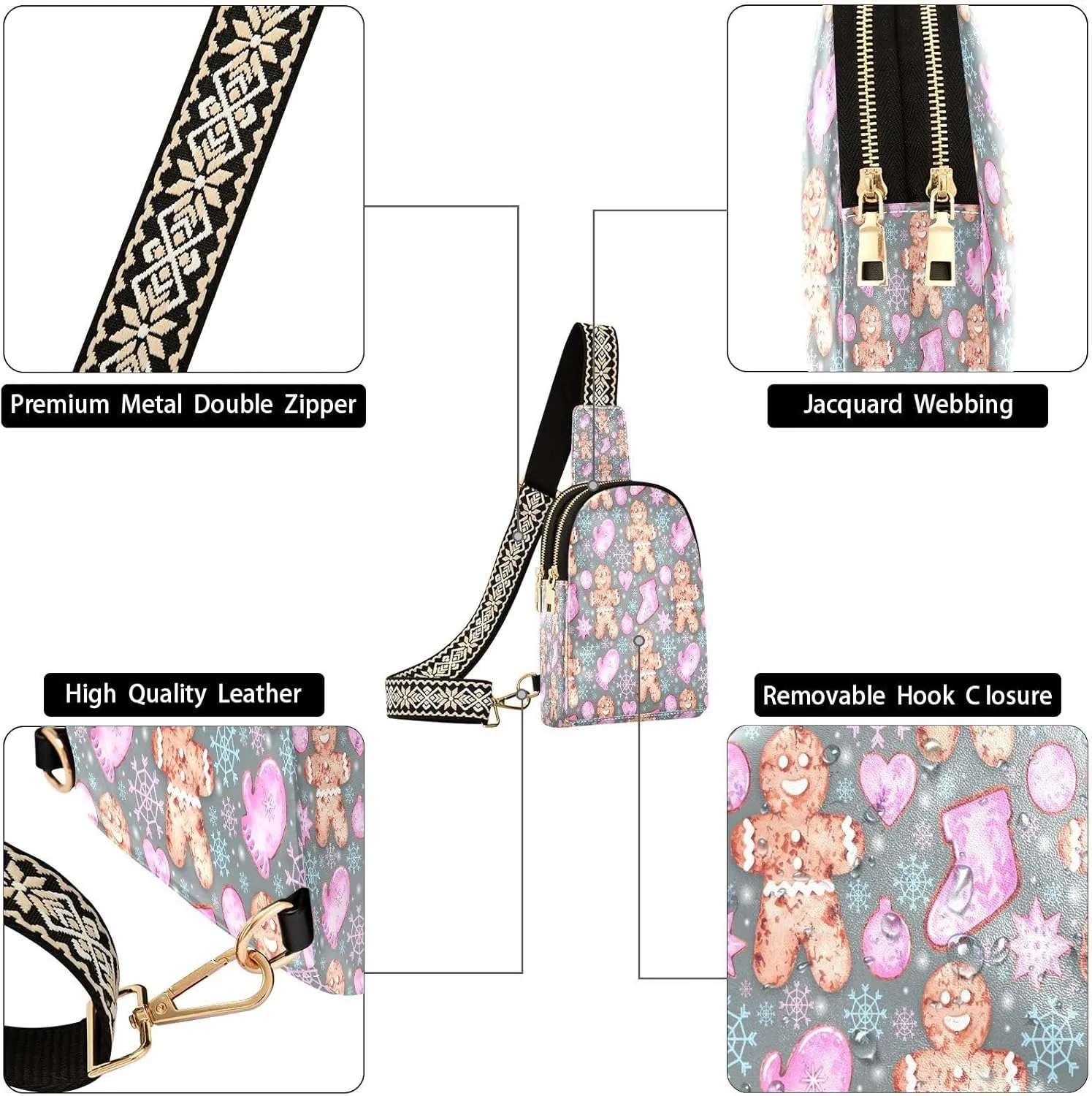 Small Sling Bag for Women Crossbody Watercolor Christmas Gingerbread Trendy Crossbody Bag Fashion Waist Packs Snowflakes Pink Glove Leather Chest Bag Fanny Pack with Guitar Strap Travel Outdoor