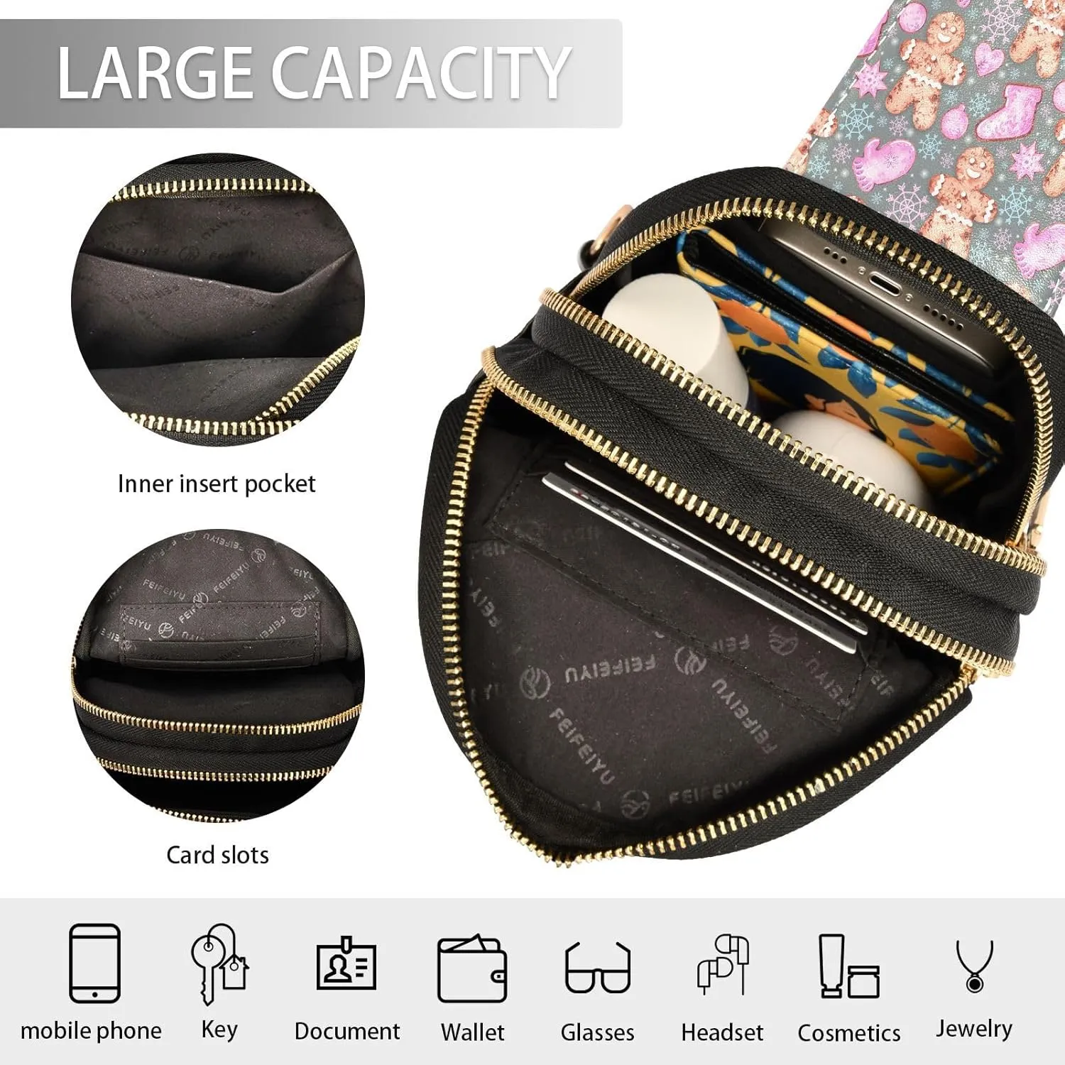 Small Sling Bag for Women Crossbody Watercolor Christmas Gingerbread Trendy Crossbody Bag Fashion Waist Packs Snowflakes Pink Glove Leather Chest Bag Fanny Pack with Guitar Strap Travel Outdoor