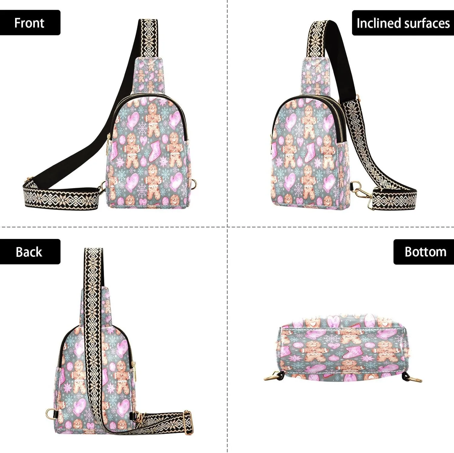 Small Sling Bag for Women Crossbody Watercolor Christmas Gingerbread Trendy Crossbody Bag Fashion Waist Packs Snowflakes Pink Glove Leather Chest Bag Fanny Pack with Guitar Strap Travel Outdoor
