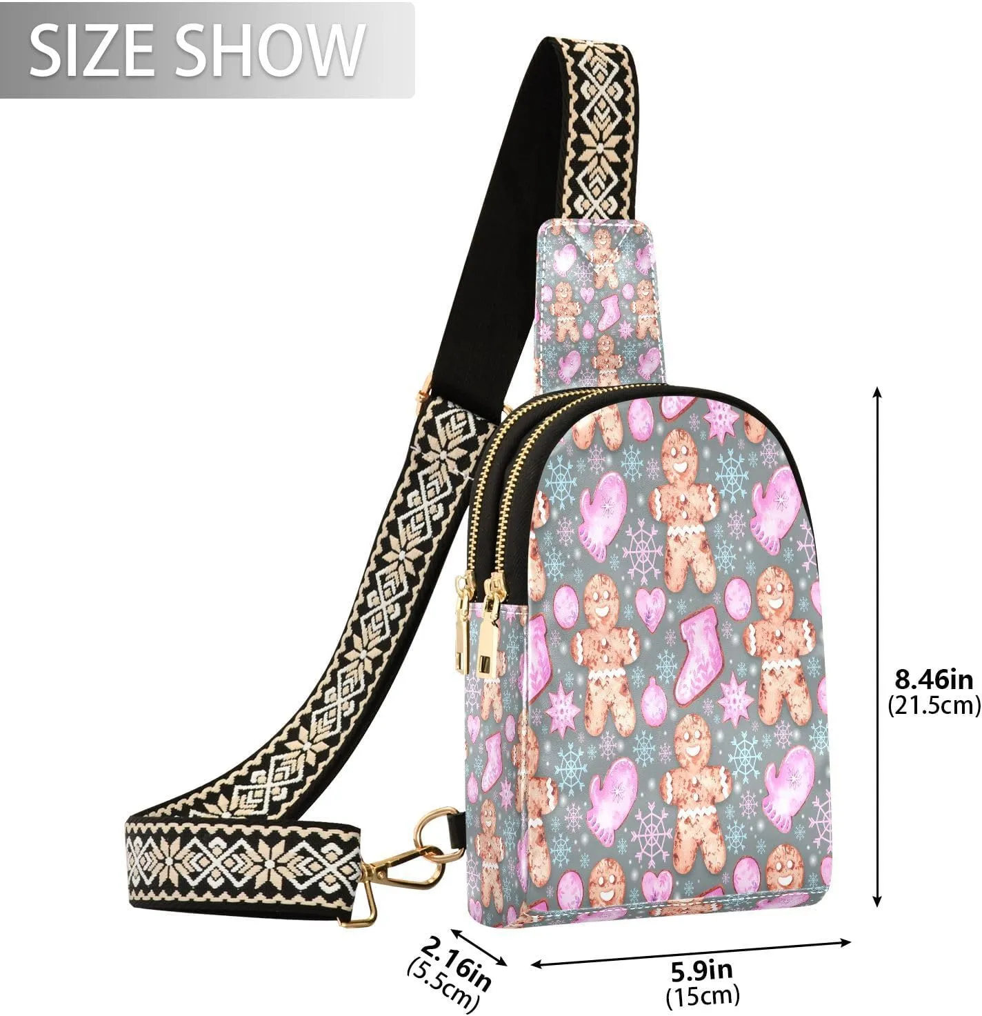 Small Sling Bag for Women Crossbody Watercolor Christmas Gingerbread Trendy Crossbody Bag Fashion Waist Packs Snowflakes Pink Glove Leather Chest Bag Fanny Pack with Guitar Strap Travel Outdoor