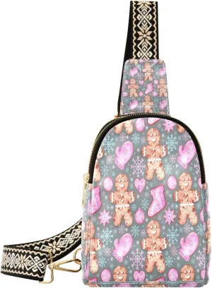 Small Sling Bag for Women Crossbody Watercolor Christmas Gingerbread Trendy Crossbody Bag Fashion Waist Packs Snowflakes Pink Glove Leather Chest Bag Fanny Pack with Guitar Strap Travel Outdoor
