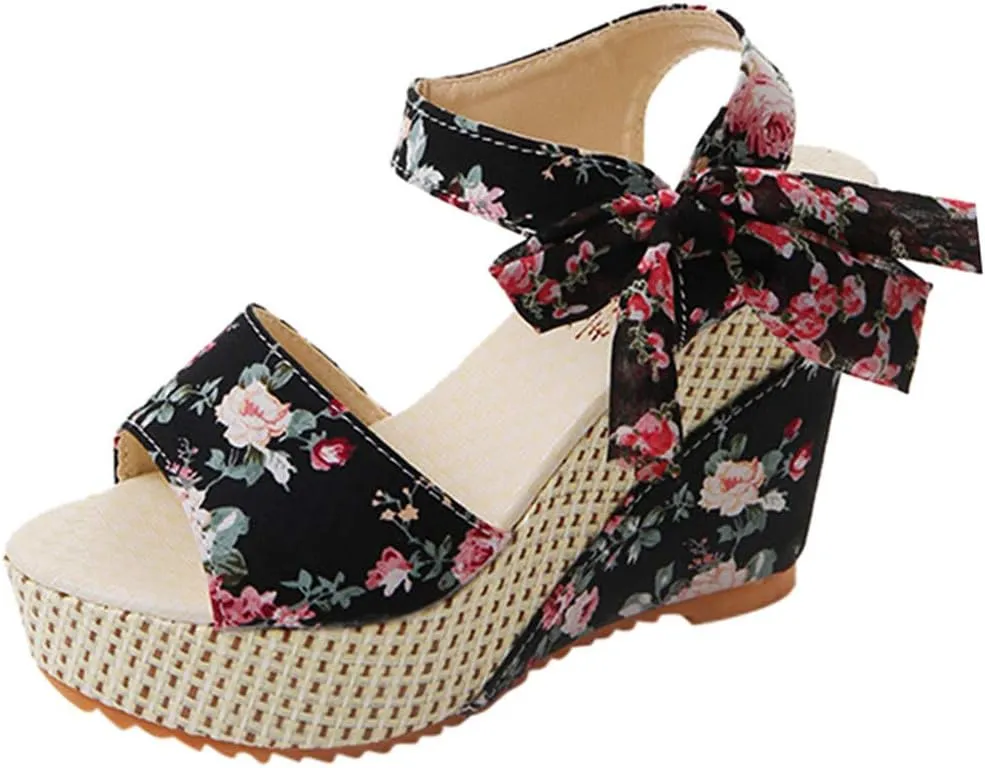 SuanlaTDS Chunky Heels for Women Dressy, Women's Flower Print Wedge High Heel Sandal Lace Knot Ankle Strap Comfortable Open Toe Platform Sandal Fashion Summer Dress Pump Shoes