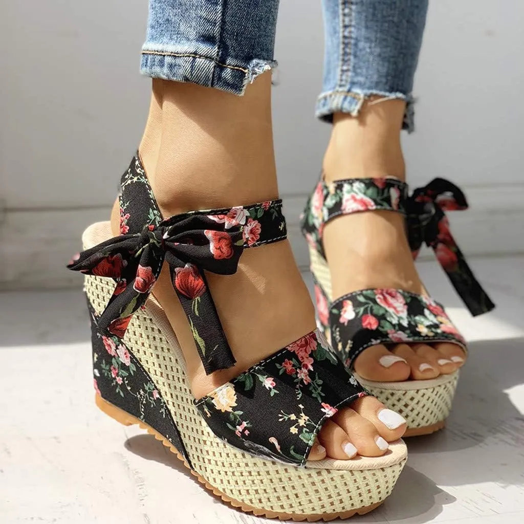 SuanlaTDS Chunky Heels for Women Dressy, Women's Flower Print Wedge High Heel Sandal Lace Knot Ankle Strap Comfortable Open Toe Platform Sandal Fashion Summer Dress Pump Shoes