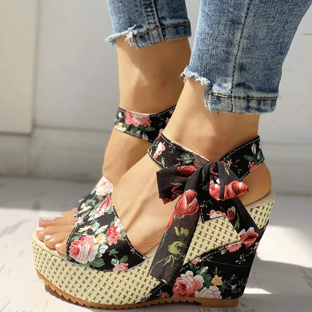 SuanlaTDS Chunky Heels for Women Dressy, Women's Flower Print Wedge High Heel Sandal Lace Knot Ankle Strap Comfortable Open Toe Platform Sandal Fashion Summer Dress Pump Shoes