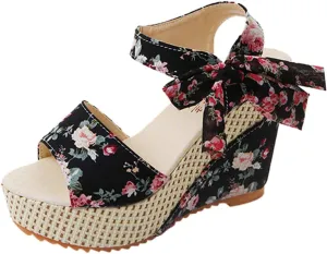 SuanlaTDS Chunky Heels for Women Dressy, Women's Flower Print Wedge High Heel Sandal Lace Knot Ankle Strap Comfortable Open Toe Platform Sandal Fashion Summer Dress Pump Shoes