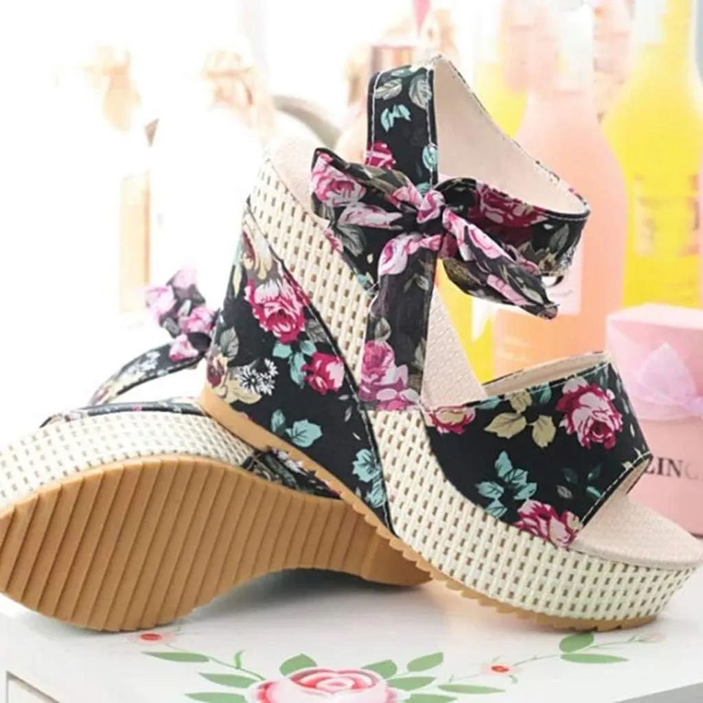 SuanlaTDS Chunky Heels for Women Dressy, Women's Flower Print Wedge High Heel Sandal Lace Knot Ankle Strap Comfortable Open Toe Platform Sandal Fashion Summer Dress Pump Shoes