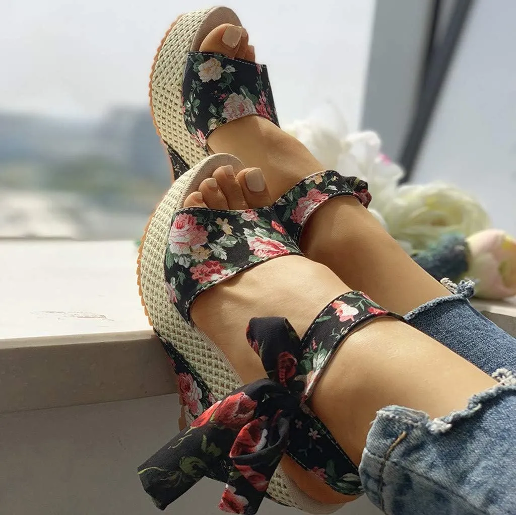 SuanlaTDS Chunky Heels for Women Dressy, Women's Flower Print Wedge High Heel Sandal Lace Knot Ankle Strap Comfortable Open Toe Platform Sandal Fashion Summer Dress Pump Shoes