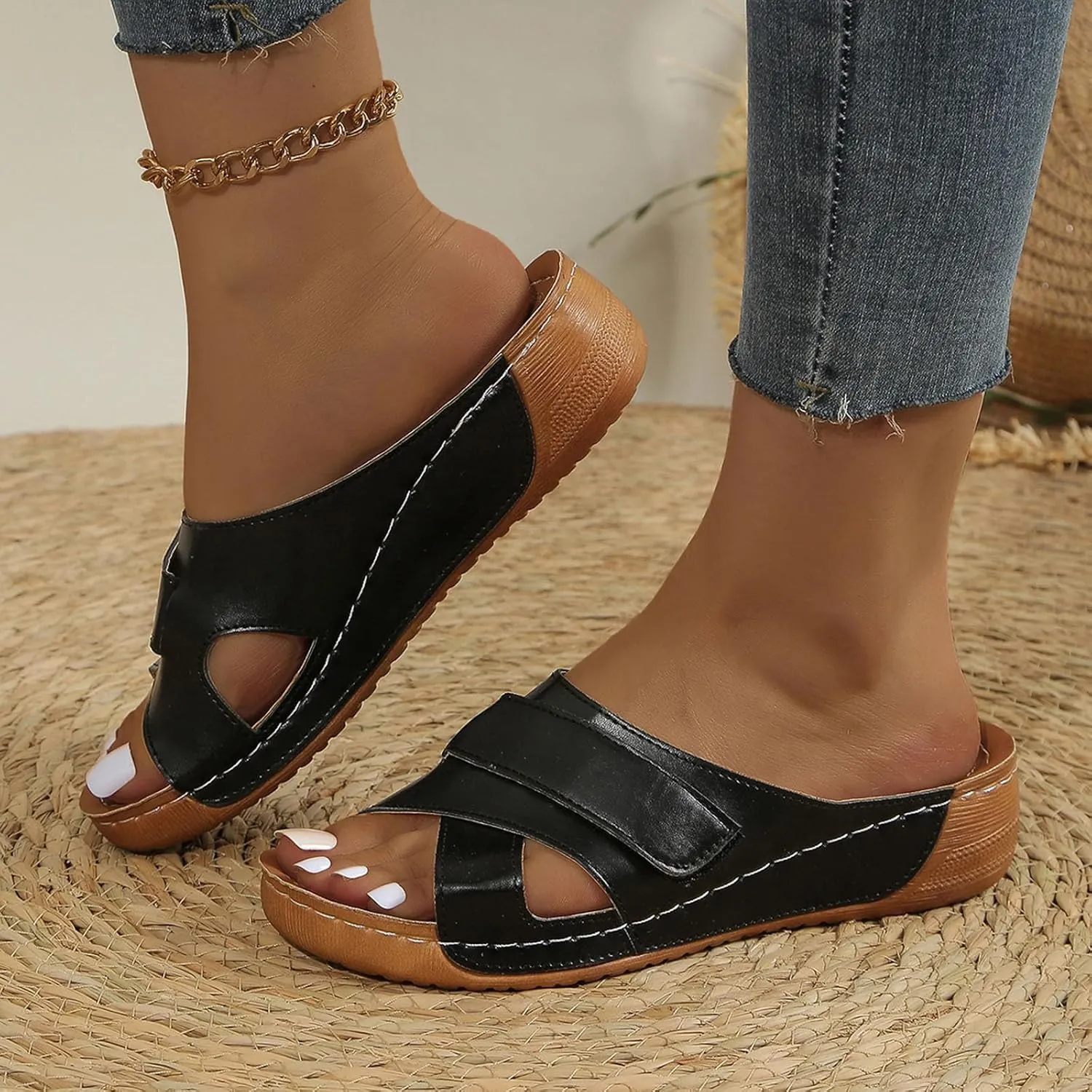 SuanlaTDS Platform Summer Sandals for Women Orthopedic Arch Support Wedge 2025 Comfortable Dressy Open Toe Slip On Beach Boho Outdoor Walking Shoes Wedges Low Heels Slide Sandal