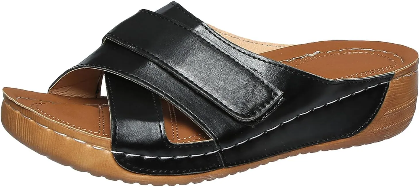 SuanlaTDS Platform Summer Sandals for Women Orthopedic Arch Support Wedge 2025 Comfortable Dressy Open Toe Slip On Beach Boho Outdoor Walking Shoes Wedges Low Heels Slide Sandal