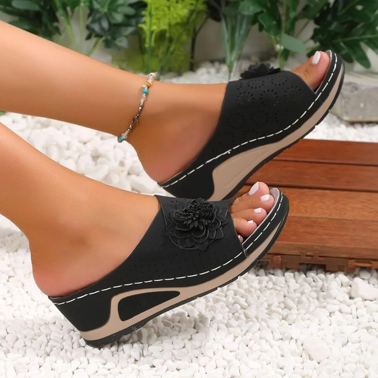 SuanlaTDS Sandals for Women Wedge Slip On 2025 Dressy Summer Comfortable Platform Open Toe Orthopedic Arch Support Slides Outdoor Beach Shoes Casual Elegant High Heels Wedges Sandal