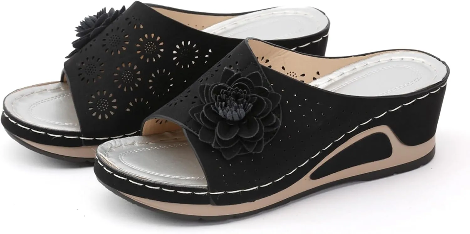 SuanlaTDS Sandals for Women Wedge Slip On 2025 Dressy Summer Comfortable Platform Open Toe Orthopedic Arch Support Slides Outdoor Beach Shoes Casual Elegant High Heels Wedges Sandal