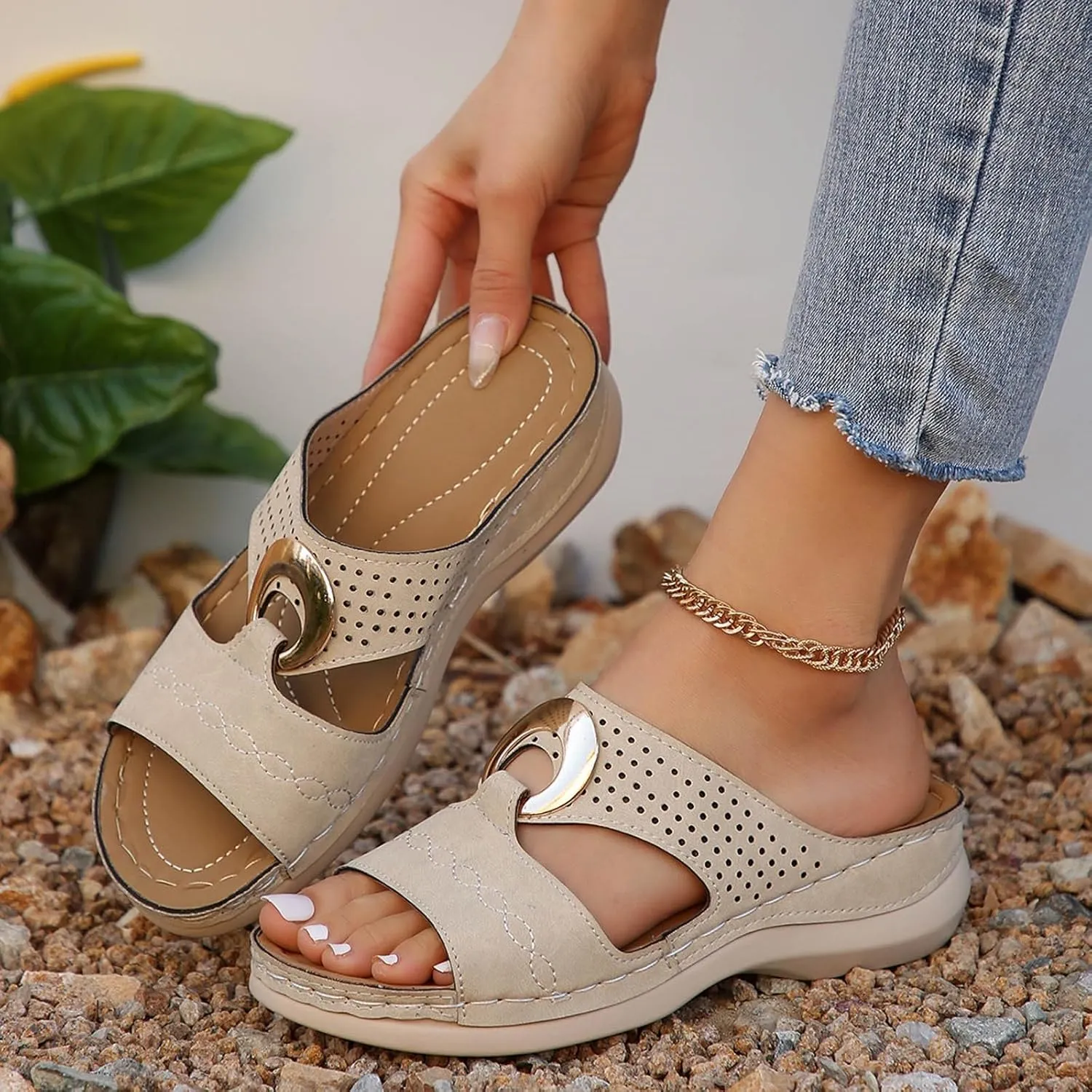 SuanlaTDS Wedge Sandals for Women Dressy Summer Comfortable Orthopedic Arch Support Open Toe Platform Beach Shoes Wide Width Slip On Low Heels Slide Sandal Outdoor Bohemian Slippers