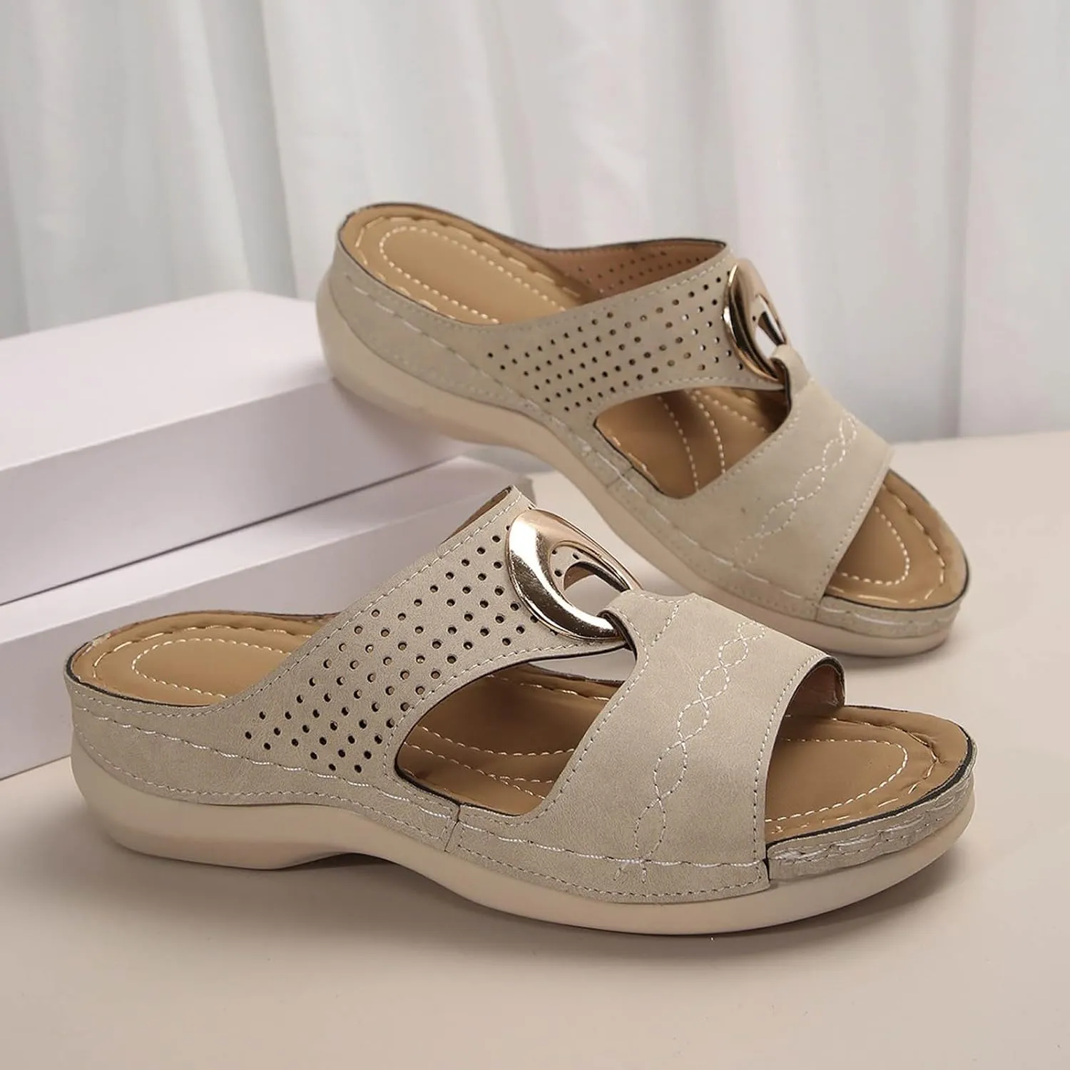 SuanlaTDS Wedge Sandals for Women Dressy Summer Comfortable Orthopedic Arch Support Open Toe Platform Beach Shoes Wide Width Slip On Low Heels Slide Sandal Outdoor Bohemian Slippers