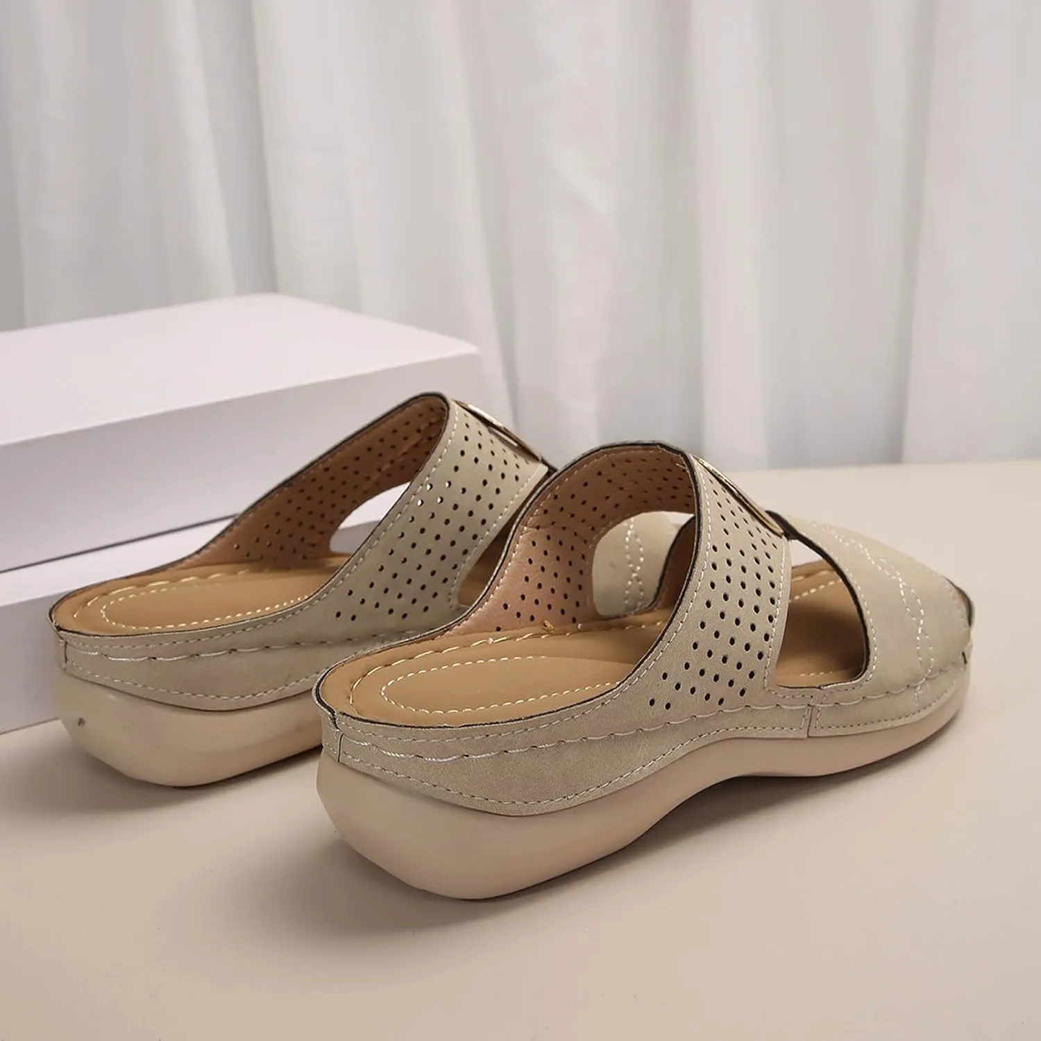 SuanlaTDS Wedge Sandals for Women Dressy Summer Comfortable Orthopedic Arch Support Open Toe Platform Beach Shoes Wide Width Slip On Low Heels Slide Sandal Outdoor Bohemian Slippers