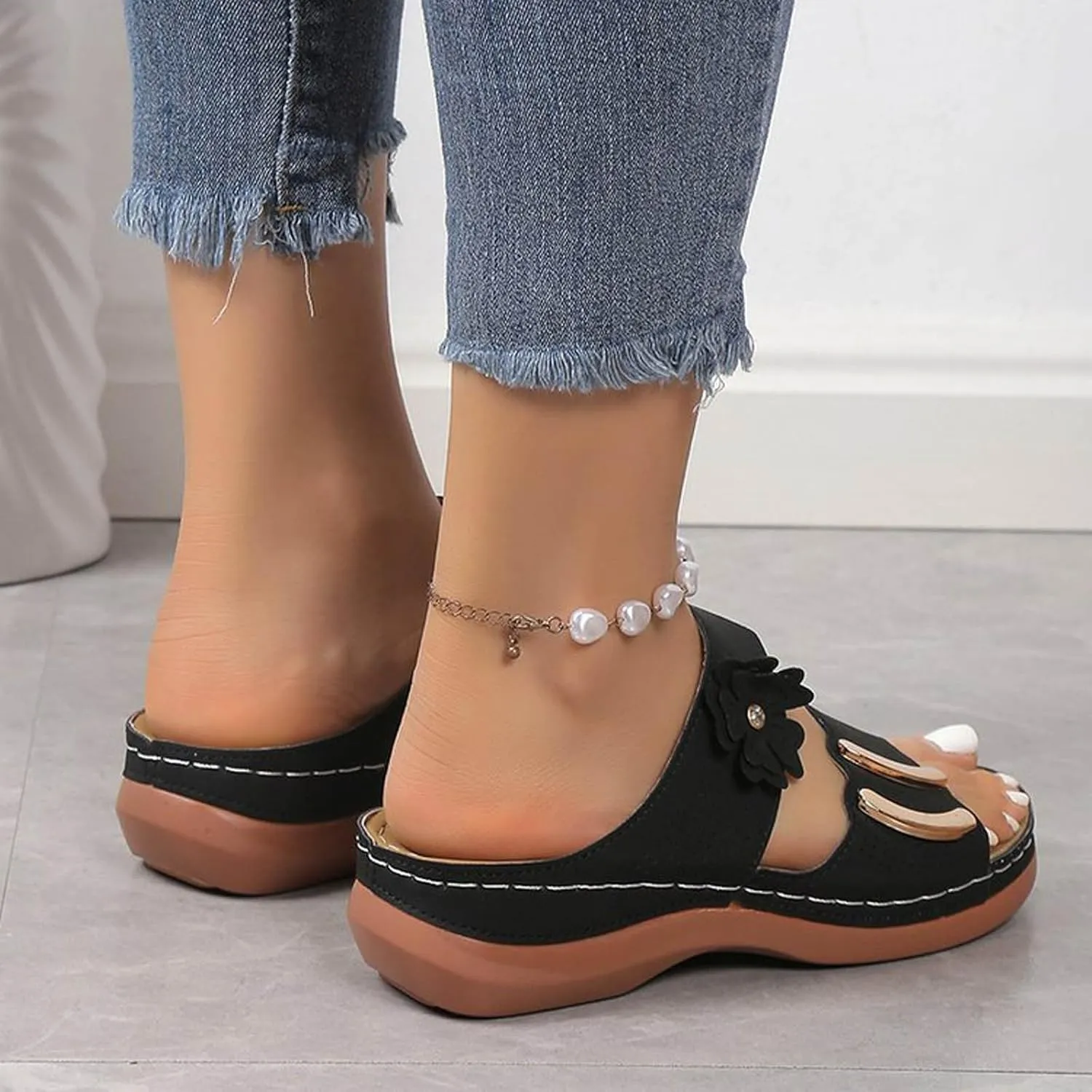 SuanlaTDS Wedge Sandals for Women Orthopedic Summer Dressy 2025 Comfortable Low Heels Arch Support Open Toe Slip On Walking Shoes Casual Outdoor Beach Platform Wedges Slide Sandal