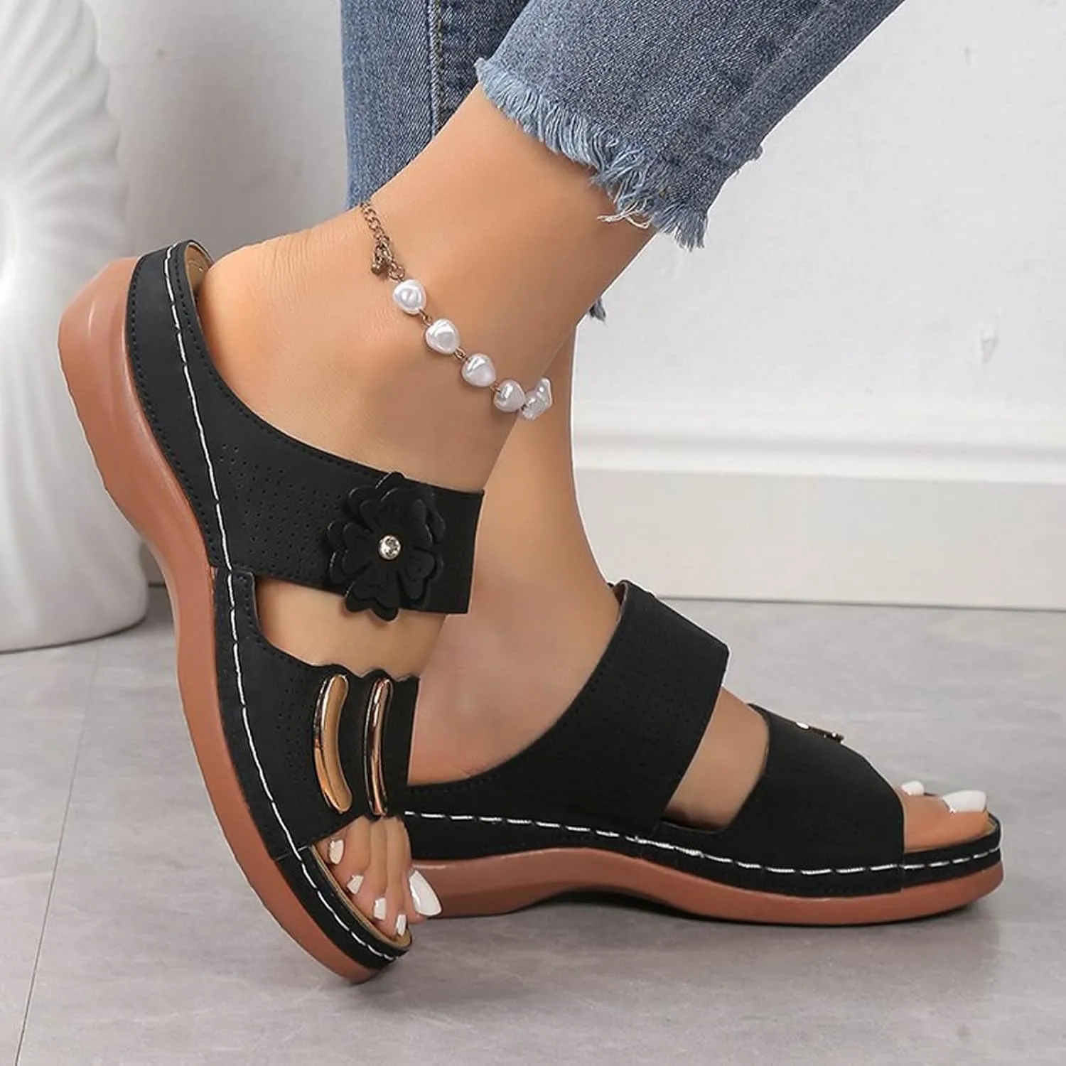 SuanlaTDS Wedge Sandals for Women Orthopedic Summer Dressy 2025 Comfortable Low Heels Arch Support Open Toe Slip On Walking Shoes Casual Outdoor Beach Platform Wedges Slide Sandal