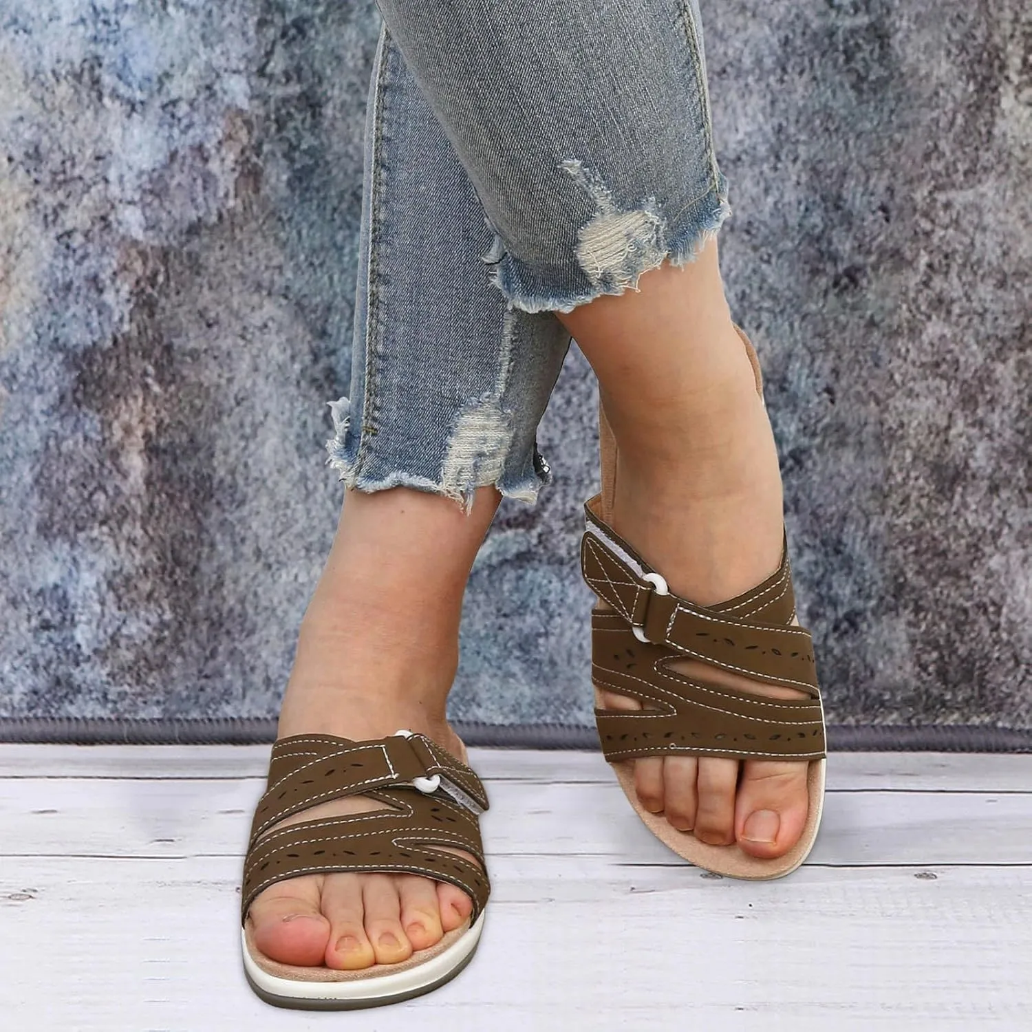 SuanlaTDS Women's Comfortable Orthopedic Sandals with Arch Support Adjustable Open Toe Orthotic Walking Shoes Flat Outdoor Casual Summer Beach Boho Platform Low Heels Slide Sandals