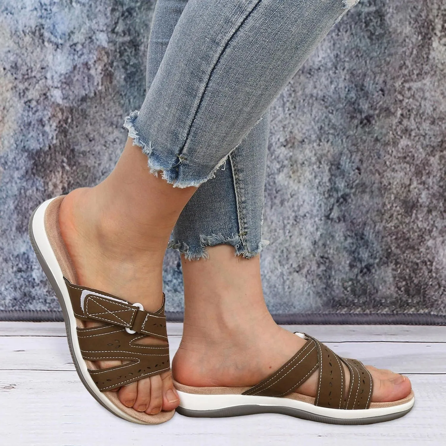 SuanlaTDS Women's Comfortable Orthopedic Sandals with Arch Support Adjustable Open Toe Orthotic Walking Shoes Flat Outdoor Casual Summer Beach Boho Platform Low Heels Slide Sandals