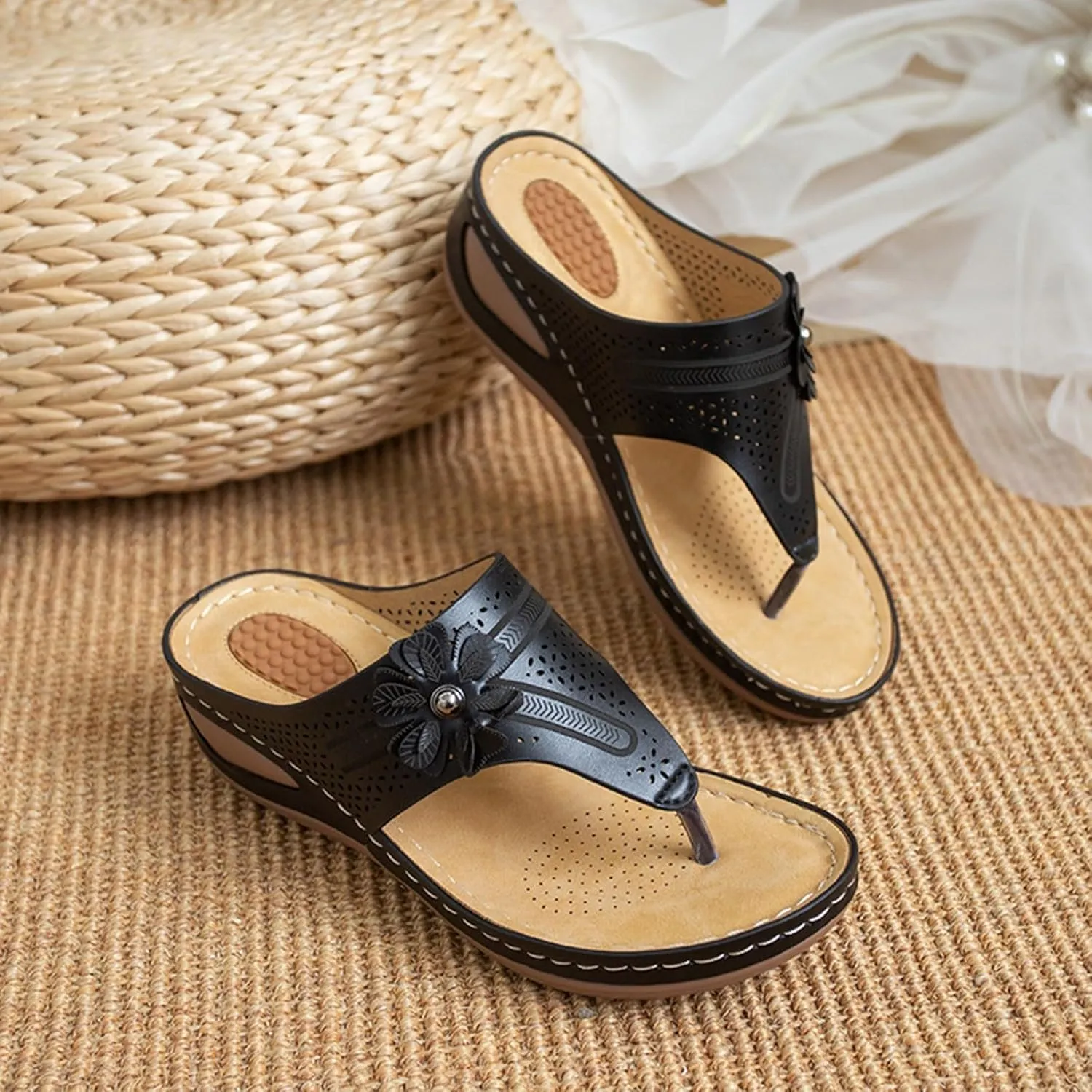 SuanlaTDS Womens Orthopedic Flip Flops Wedge Sandals with Arch Support Comfortable Platform Slip On Slides 2025 Dressy Summer Beach Walking Shoes Open Toe Elegant Party Slide Sandal