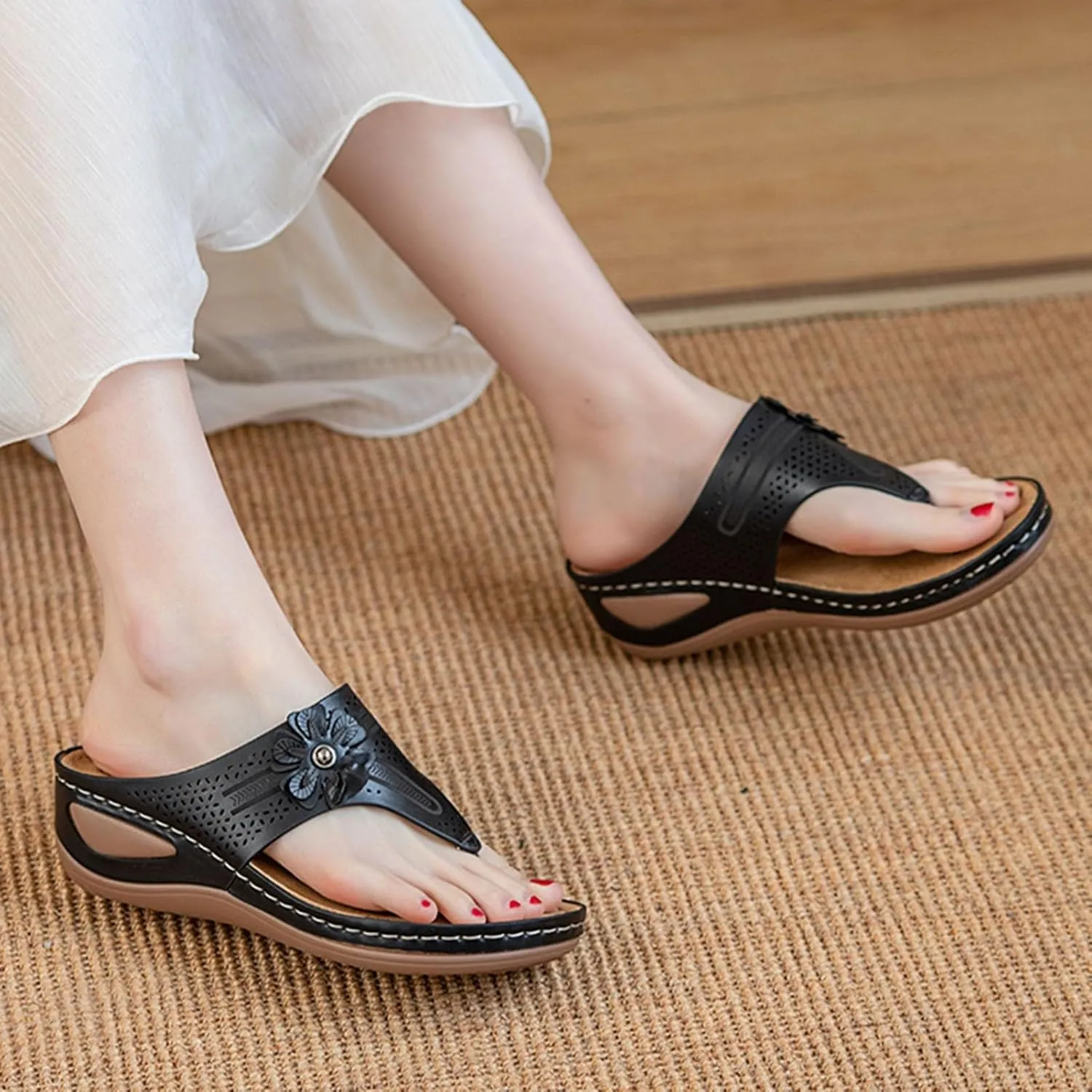 SuanlaTDS Womens Orthopedic Flip Flops Wedge Sandals with Arch Support Comfortable Platform Slip On Slides 2025 Dressy Summer Beach Walking Shoes Open Toe Elegant Party Slide Sandal