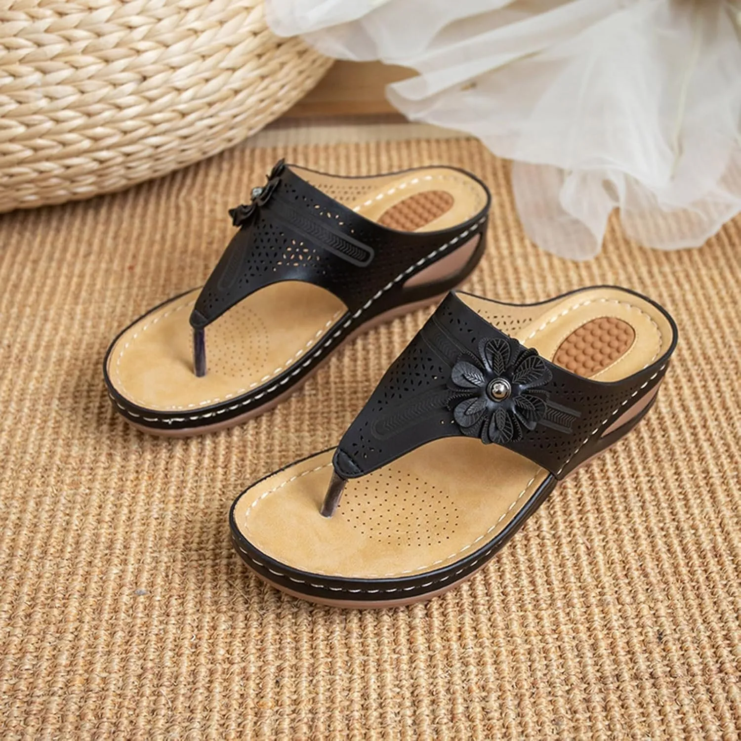 SuanlaTDS Womens Orthopedic Flip Flops Wedge Sandals with Arch Support Comfortable Platform Slip On Slides 2025 Dressy Summer Beach Walking Shoes Open Toe Elegant Party Slide Sandal