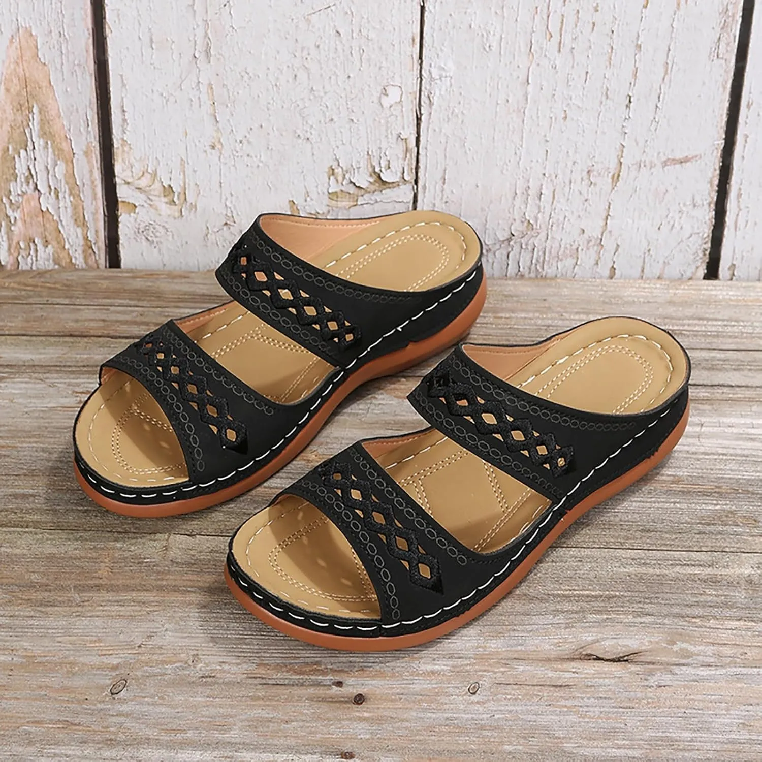 SuanlaTDS Womens Platform Sandals Comfortable Open Toe Slip on Wedges Slides Orthopedic Sandals with Arch Support Soft Sole Casual Summer Beach Low Heels Wedge Walking Sandals