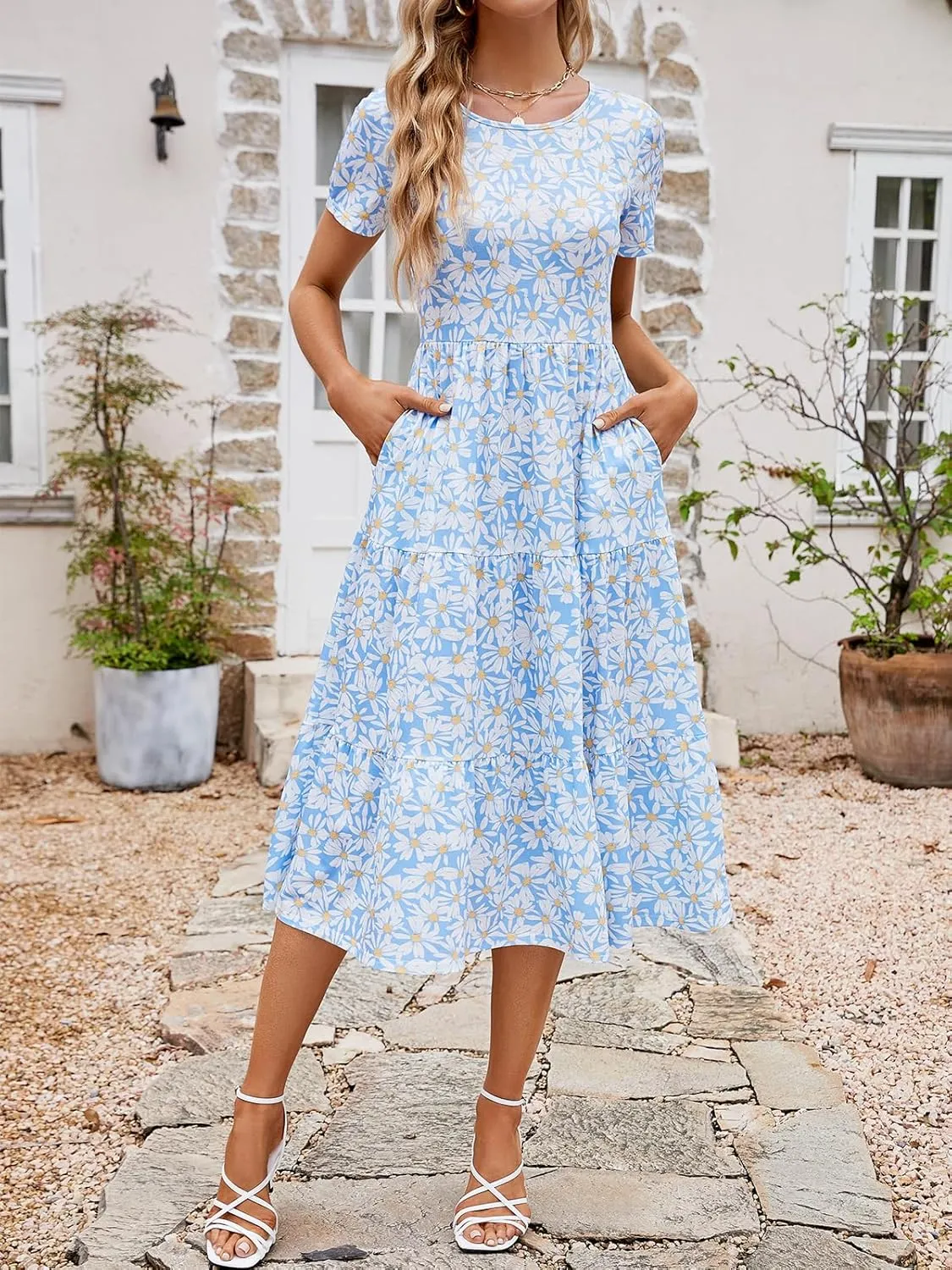 Sureple Spring Round Neck T Shirt Dress for Women Short Sleeve Midi Length,Swing Tiered Bobydoll Dresses with Pockets