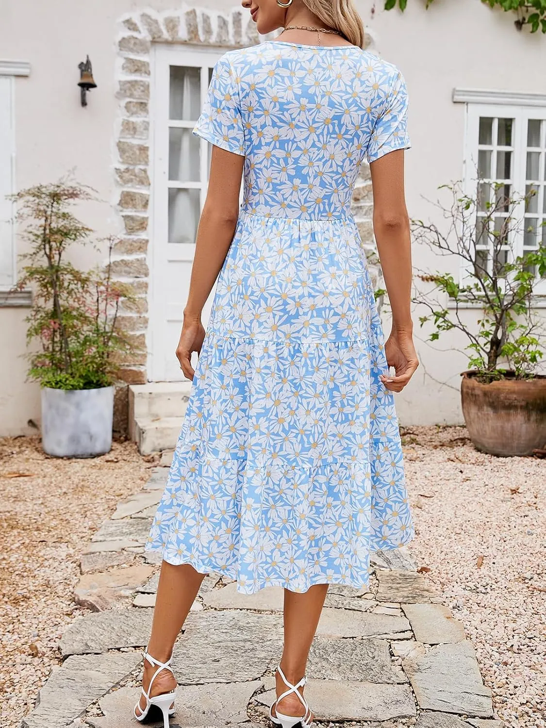 Sureple Spring Round Neck T Shirt Dress for Women Short Sleeve Midi Length,Swing Tiered Bobydoll Dresses with Pockets