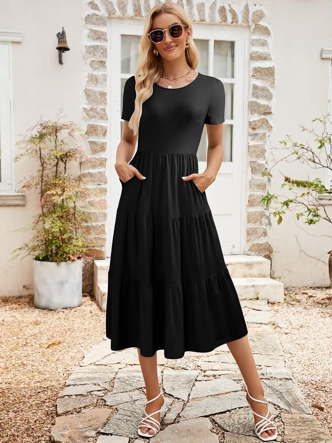 Sureple Spring Round Neck T Shirt Dress for Women Short Sleeve Midi Length,Swing Tiered Bobydoll Dresses with Pockets