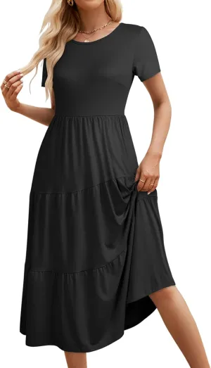 Sureple Spring Round Neck T Shirt Dress for Women Short Sleeve Midi Length,Swing Tiered Bobydoll Dresses with Pockets