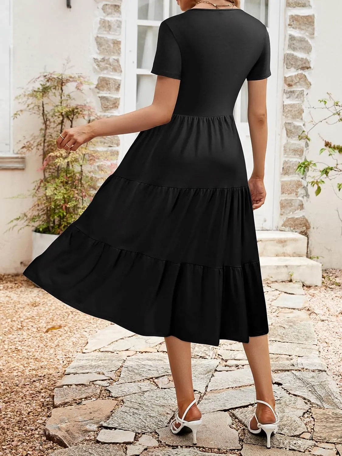 Sureple Spring Round Neck T Shirt Dress for Women Short Sleeve Midi Length,Swing Tiered Bobydoll Dresses with Pockets