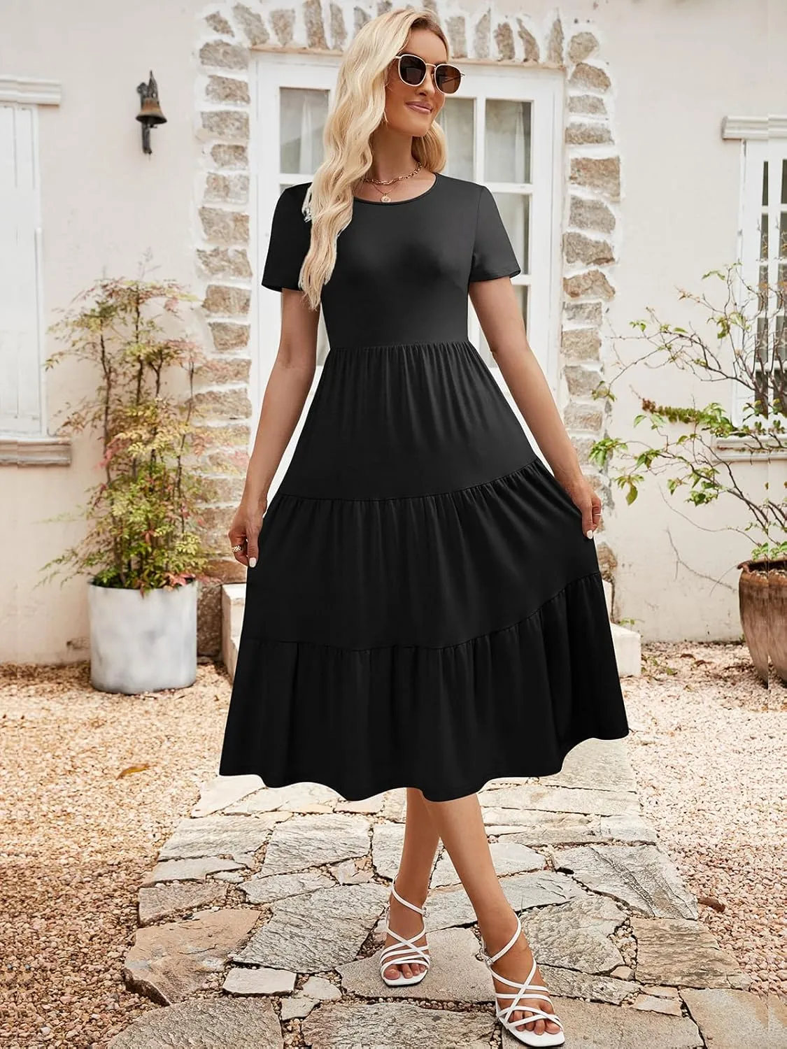 Sureple Spring Round Neck T Shirt Dress for Women Short Sleeve Midi Length,Swing Tiered Bobydoll Dresses with Pockets