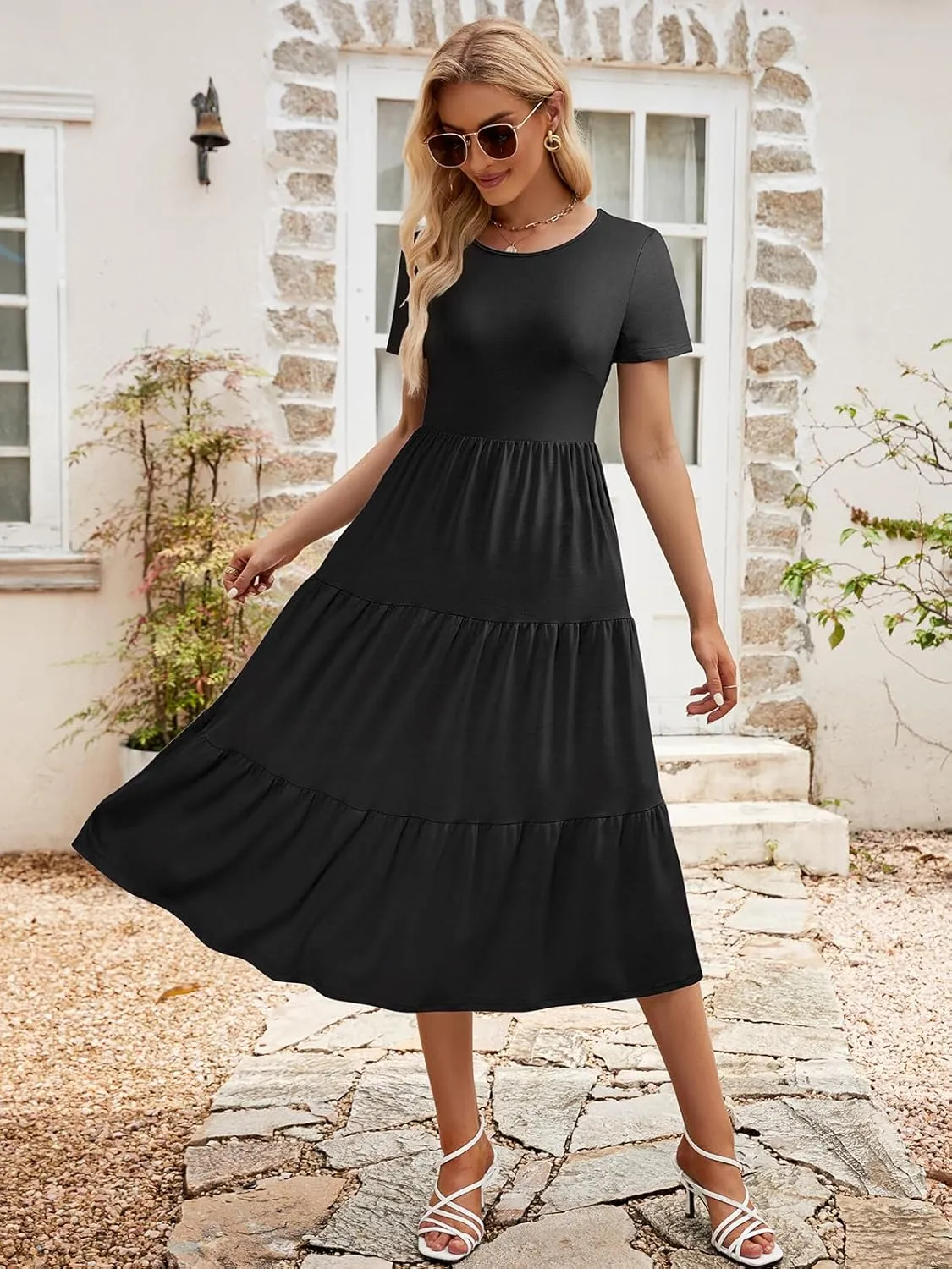 Sureple Spring Round Neck T Shirt Dress for Women Short Sleeve Midi Length,Swing Tiered Bobydoll Dresses with Pockets