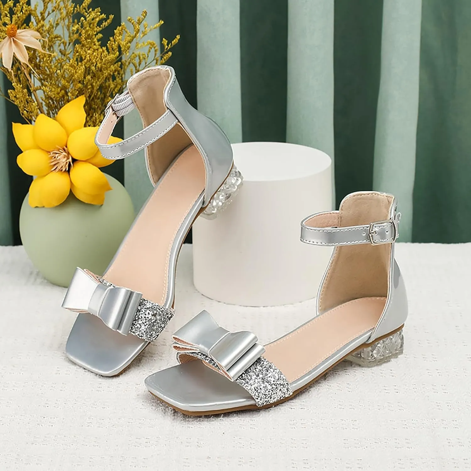 Toddler Boys Girls Double Sandals Girls Shoes Princess Shoes Summer Silver High Heels Students Large And Medium Children Crystal Sandals High Top Summer Outdoor Unisex Child Sport
