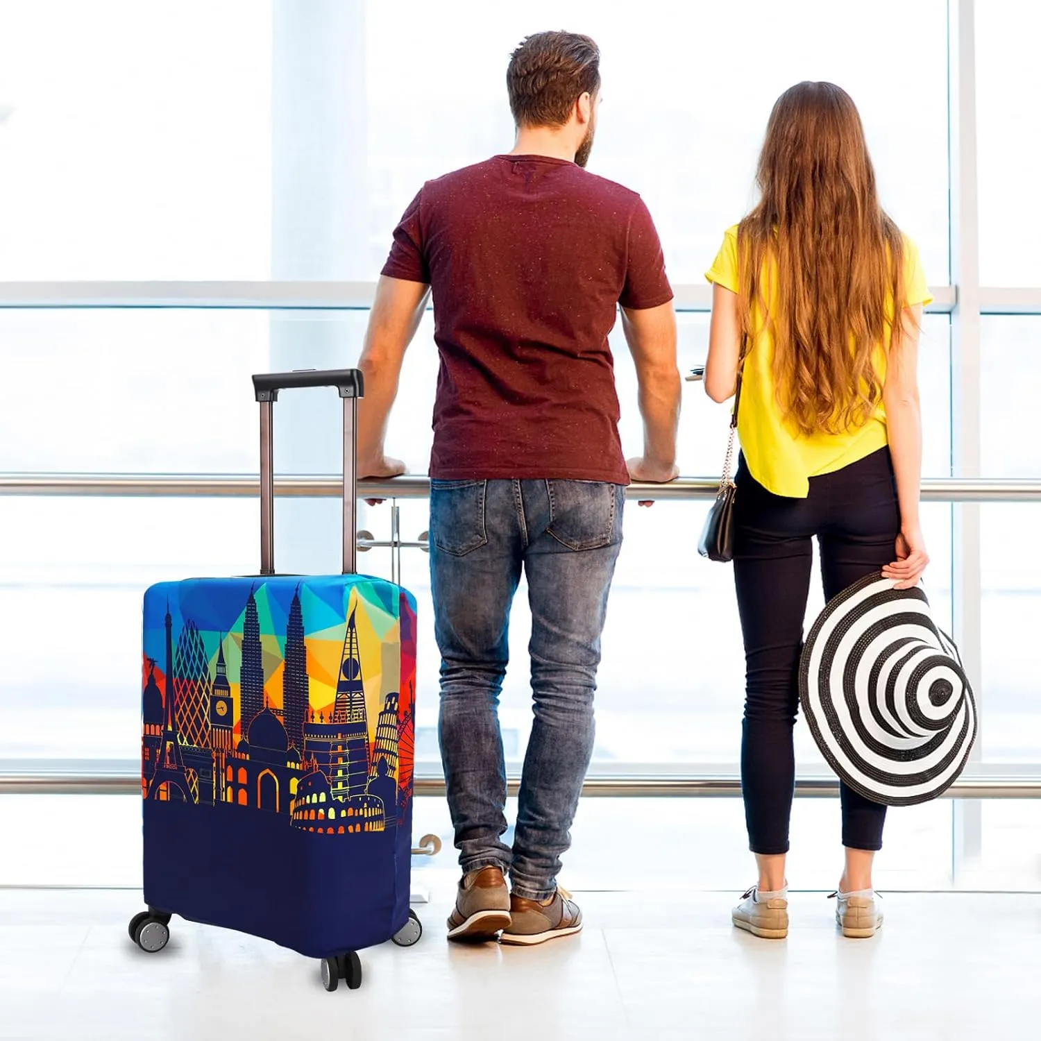 Travel Luggage Cover Protector Washable Suitcase Cover Fits 31-32 Inch Luggage (XL,Blue,Landmark)