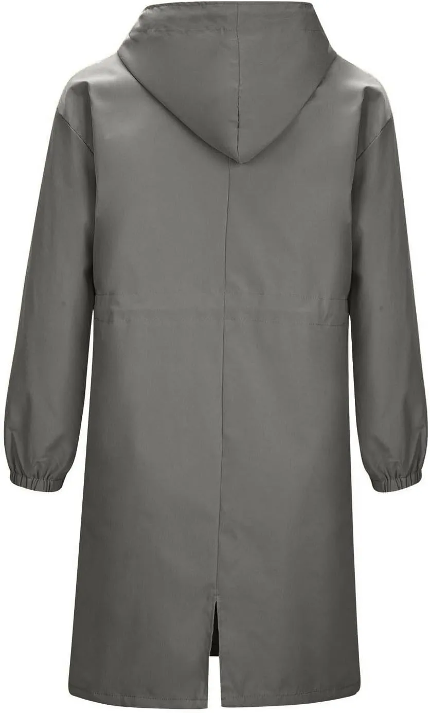 Trench Coats for Women Plus Size Hooded Button Rain Jacket Lightweight Long Windbreaker Outdoor Travel Hiking Overcoat