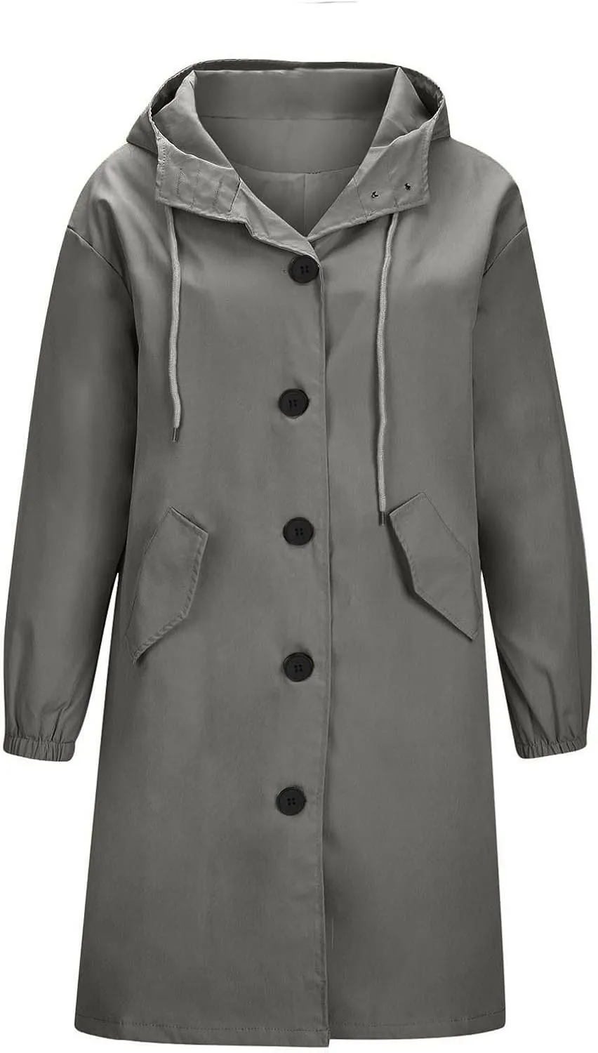 Trench Coats for Women Plus Size Hooded Button Rain Jacket Lightweight Long Windbreaker Outdoor Travel Hiking Overcoat