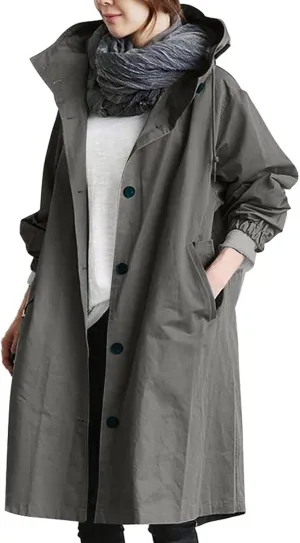 Trench Coats for Women Plus Size Hooded Button Rain Jacket Lightweight Long Windbreaker Outdoor Travel Hiking Overcoat
