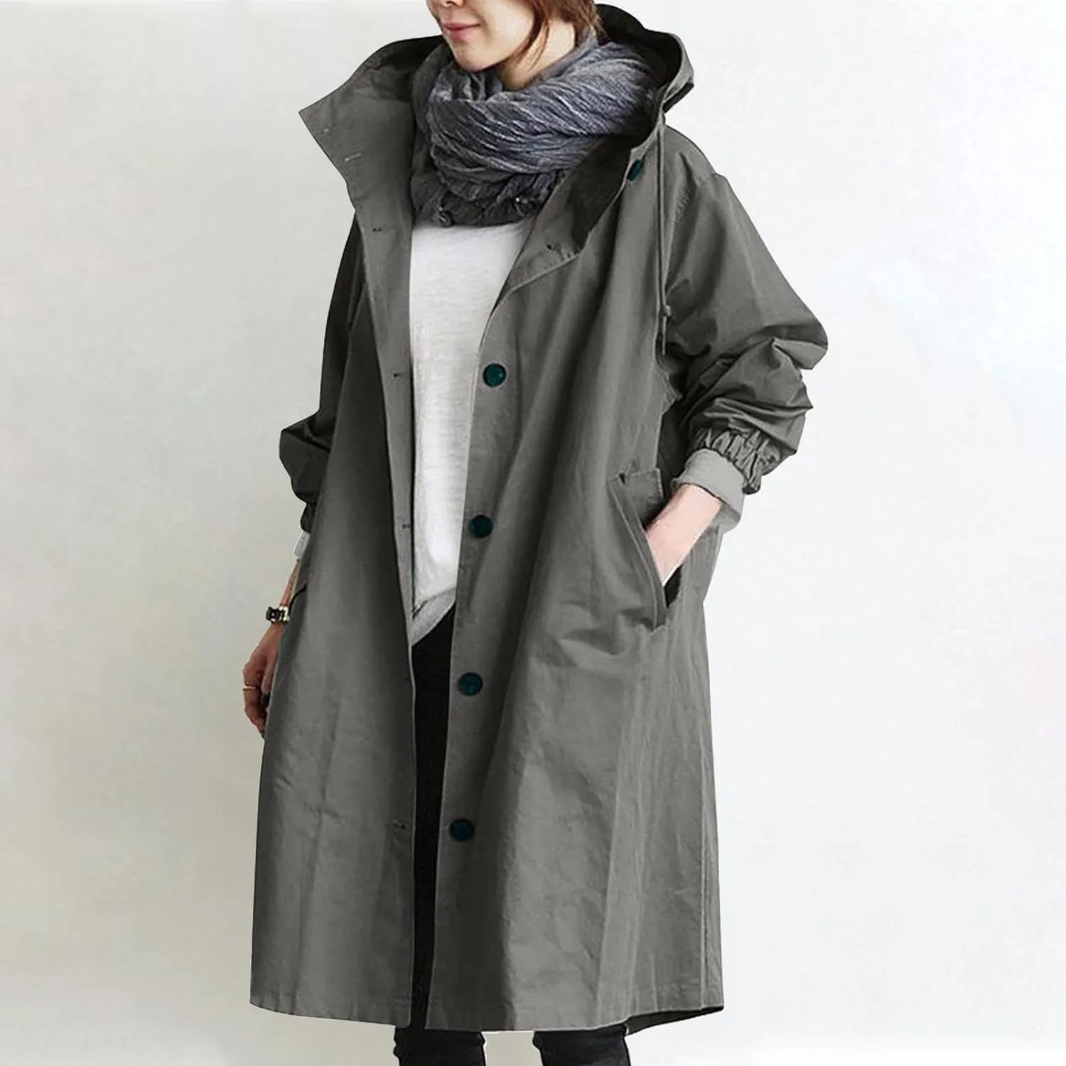 Trench Coats for Women Plus Size Hooded Button Rain Jacket Lightweight Long Windbreaker Outdoor Travel Hiking Overcoat