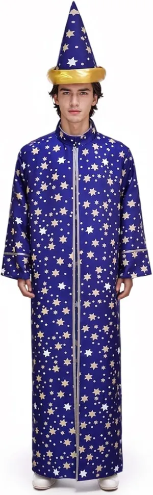 Unisex Wizard Costume Adult Wizard Cosplay Witch Cloak Stars Magician Cape and Hat Halloween Outfits
