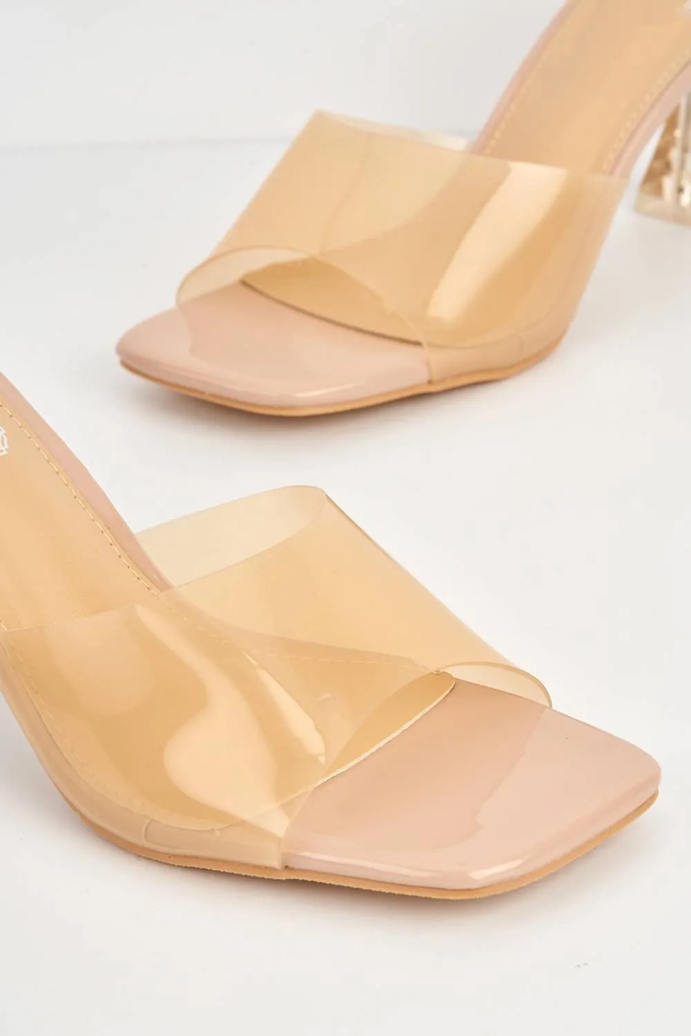 Vidre Square-Toe Perspex Band Mules in Nude